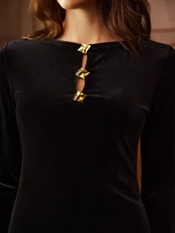 Metal-Detail Velvet Slim Short Dress