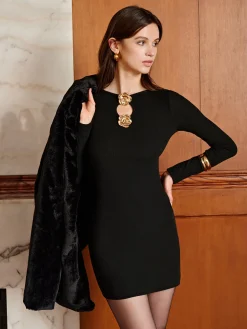 Metal-Floral Ribbed Short Dress