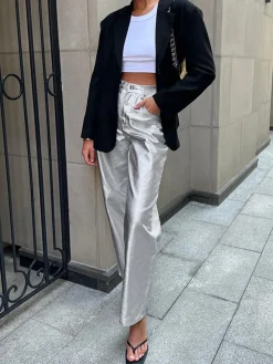 Metallic Leather Straight Leg Pants