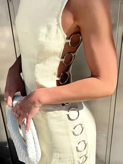 Metallic O-Ring Cutout Long Dress