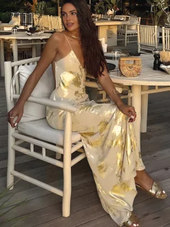 Metallic Print V-Neck Backless Slip Long Dress