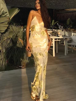 Metallic Print V-Neck Backless Slip Long Dress