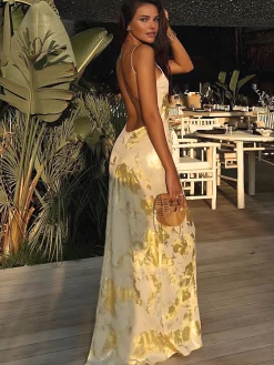 Metallic Print V-Neck Backless Slip Long Dress
