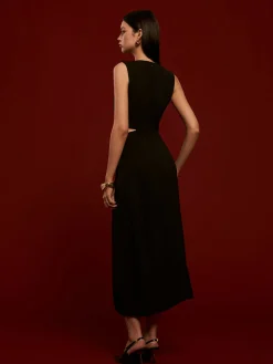 Metal-Ring Cutout Pleated Dress