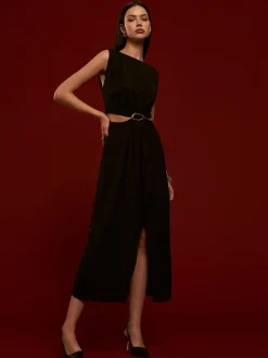 Metal-Ring Cutout Pleated Dress