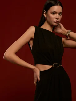 Metal-Ring Cutout Pleated Dress