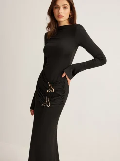 Metal-Ring Pleated Jersey Dress