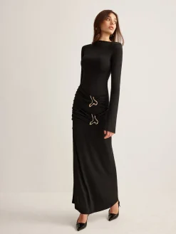 Metal-Ring Pleated Jersey Dress