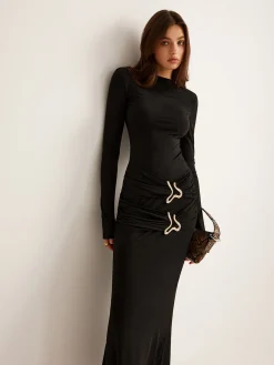 Metal-Ring Pleated Jersey Dress