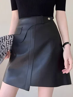 Mid-Waist Asymmetrical Faux Leather Mini Skirt