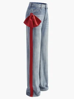 Mid-Waist Bow-Decor Denim Jeans
