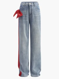 Mid-Waist Bow-Decor Denim Jeans