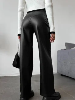 Mid-Waist Button PU Leather Pants