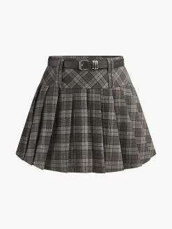 Mid-Waist Checked Pleated Skirt With Belt