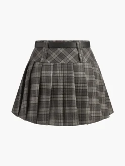 Mid-Waist Checked Pleated Skirt With Belt