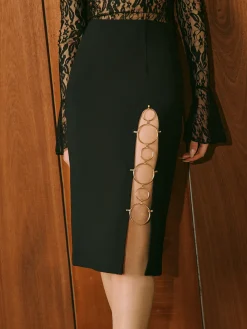 Mid-Waist Circle-Ring Split Skirt
