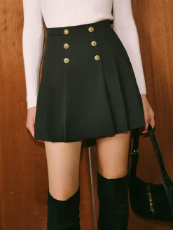 Mid-Waist Metal-Detail Pleated Skirt