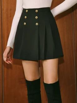 Mid-Waist Metal-Detail Pleated Skirt