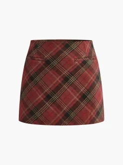 Mid-Waist Side-Zipper Checked Skirt