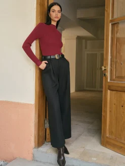 Mid-Waist Tweed Pants Without Belt