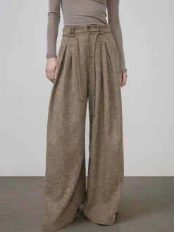 Mid-Waist Tweed Pleated Wide-Leg Pants
