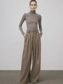 Mid-Waist Tweed Pleated Wide-Leg Pants