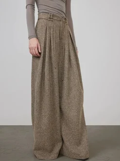 Mid-Waist Tweed Pleated Wide-Leg Pants