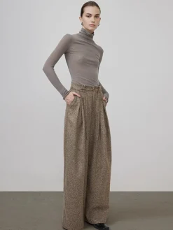 Mid-Waist Tweed Pleated Wide-Leg Pants