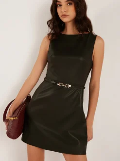 Minimalist Belted Faux Leather Tank Dress