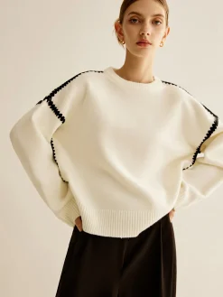 Minimalist Embroidered Trim Sweater