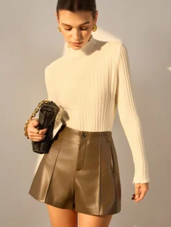 Minimalist Lettuce Trim Mock Neck Knit Top