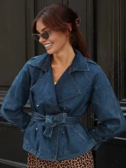 Minimalist Plain Belted Denim Jacket