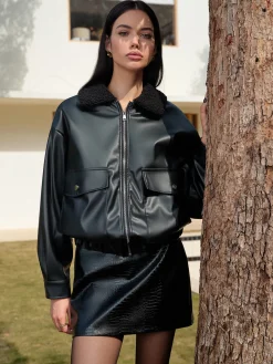 Minky Collar PU Leather Short Jacket