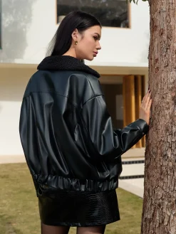 Minky Collar PU Leather Short Jacket