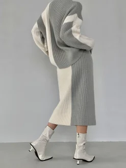 Miss Paris Stripe Two Piece Knit Skirt Set