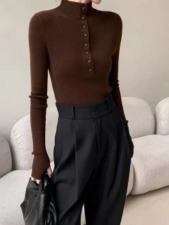 Mock Neck Breasted Slim Sweater