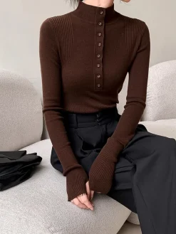 Mock Neck Breasted Slim Sweater