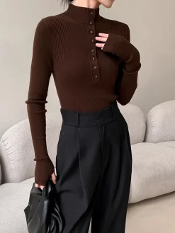 Mock Neck Breasted Slim Sweater
