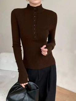 Mock Neck Breasted Slim Sweater