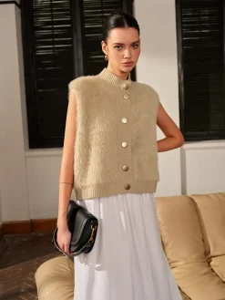 Mock Neck Button Fuzzy Vest