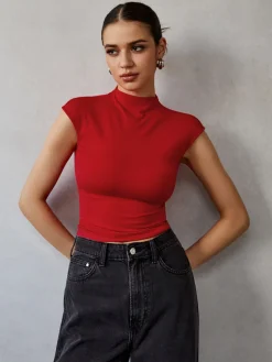 Mock Neck Cap Sleeve T-Shirt