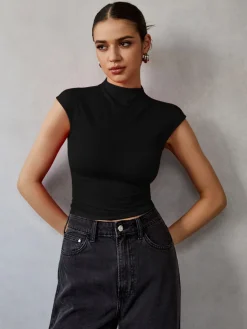 Mock Neck Cap Sleeve T-Shirt