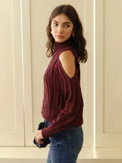Mock Neck Cold-Shoulder Knit Top
