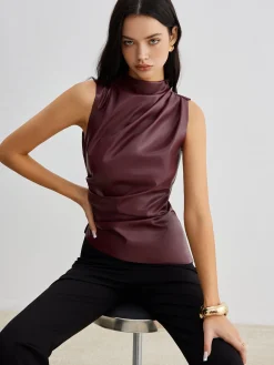 Mock Neck Faux Leather Cinched Tank Top