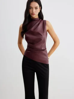 Mock Neck Faux Leather Cinched Tank Top