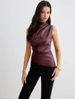 Mock Neck Faux Leather Cinched Tank Top