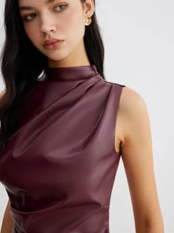 Mock Neck Faux Leather Cinched Tank Top