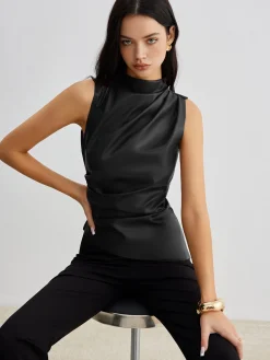 Mock Neck Faux Leather Cinched Tank Top