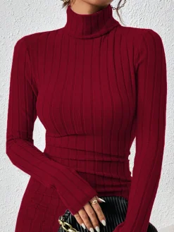 Mock Neck Hip-Covering Ribbed Dress