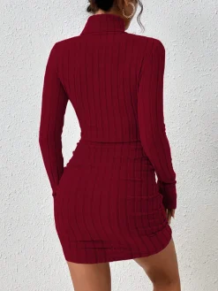 Mock Neck Hip-Covering Ribbed Dress